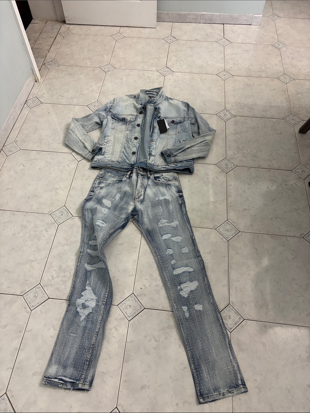Men's Glittered Light Wash Distressed Jeans - Casual Slim Fit Suit Jacket L